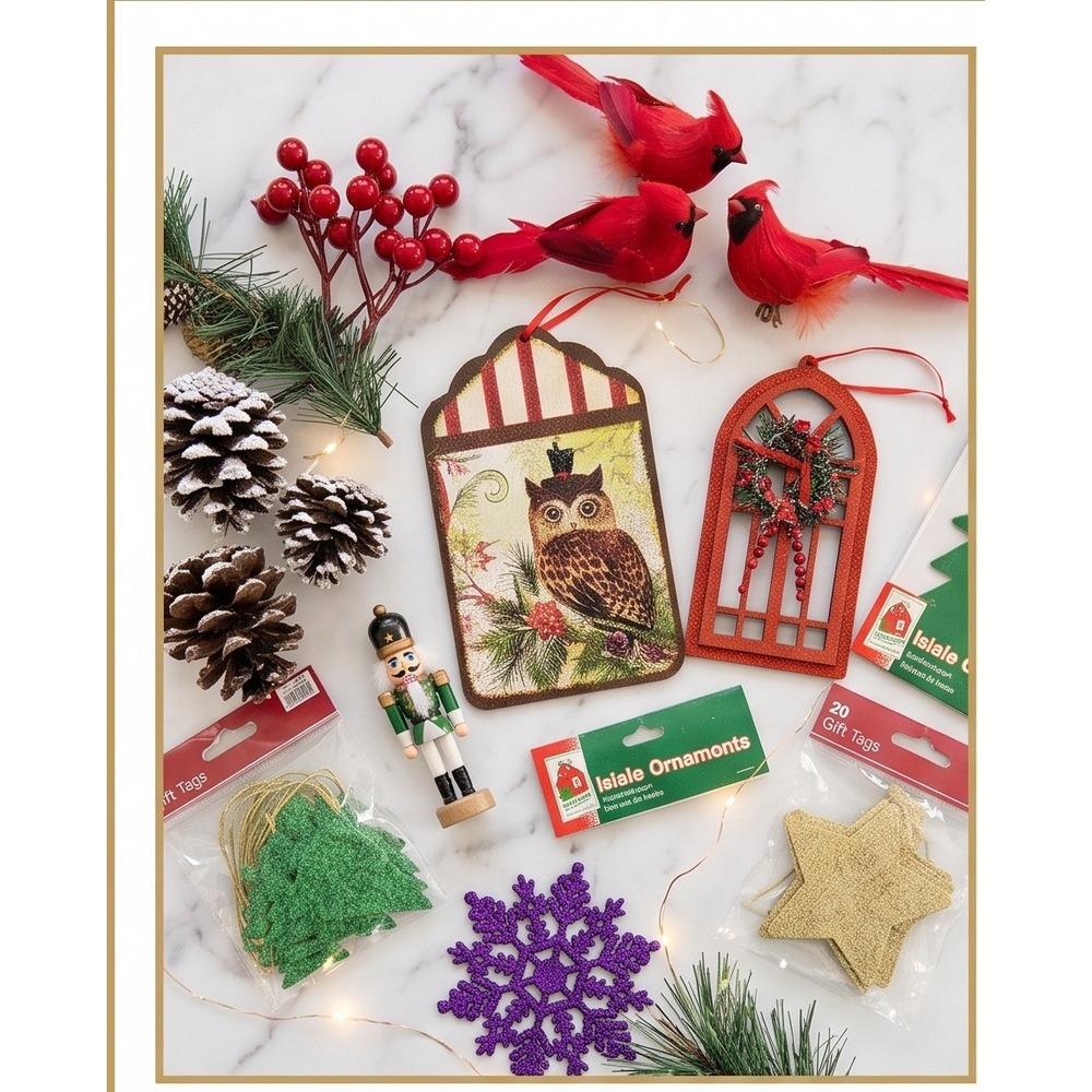 Vintage Mixed Christmas Decor Bundle Ornaments Gift Tags Pinecones Cardinals